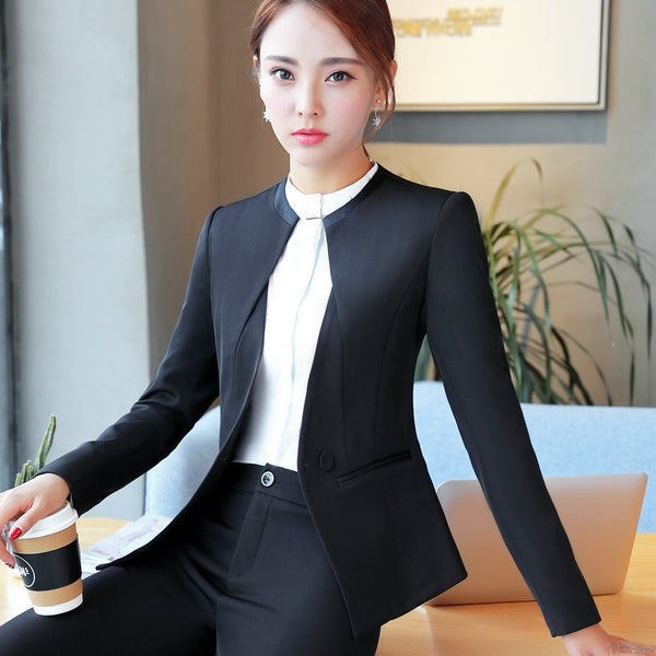Autumn Winter Blazer Women Business Elegant Office Black Gray Long Sleeve Lady Formal Uniforms Female Coat Jackets Top
