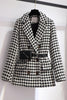 Autumn Winter Blazer Woolen Coat Women Elegant Double Breasted Houndstooth Thick Office Work Jacket Suit With Waist Bag