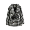 Autumn Winter Blazer Woolen Coat Women Elegant Double Breasted Houndstooth Thick Office Work Jacket Suit With Waist Bag