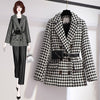 Autumn Winter Blazer Woolen Coat Women Elegant Double Breasted Houndstooth Thick Office Work Jacket Suit With Waist Bag