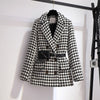 Autumn Winter Blazer Woolen Coat Women Elegant Double Breasted Houndstooth Thick Office Work Jacket Suit With Waist Bag
