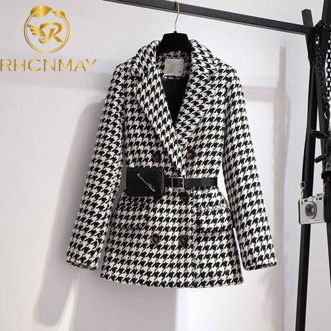 Autumn Winter Blazer Woolen Coat Women Elegant Double Breasted Houndstooth Thick Office Work Jacket Suit With Waist Bag