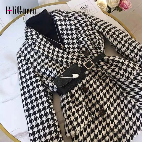 Autumn Winter Blazer Woolen Coat Women Waist Bag Houndstooth Woolen Coat Suit Thick Loose Elegant Double Breasted Ladies Jacket