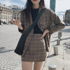 Autumn Winter Casual 2 Piece Set Woman Vintage Plaid Single-breasted Long Sleeve Blazer Jacket + High Waist Pencil Skirt Suit
