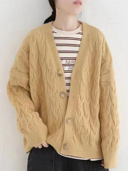 Autumn Winter Casual Cardigan Women Loose Knitted Sweater Vintage Elegant Long Sleeve Cardigan Tops Female Retro Solid Knitwear