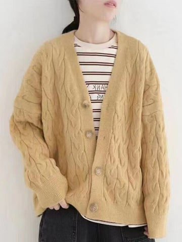 Autumn Winter Casual Cardigan Women Loose Knitted Sweater Vintage Elegant Long Sleeve Cardigan Tops Female Retro Solid Knitwear