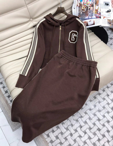 Autumn Winter Casual Sports Style Long Sleeve Cotton Jersey Midi Dress Matching Suit