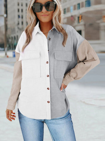 Autumn Winter Casual Warm Shirts Women Loose Buttoned Corduroy Coats Vintage Lapel Long Sleeve Tops Contrast Outerwear