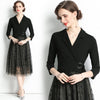 Autumn Winter Elegant Office Long Suit Women Notched Pleated Mesh Patchwork Moon Flocking Chic Lace Up Fake Two Piece Dress