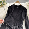 Autumn Winter Elegant Office Long Suit Women Notched Pleated Mesh Patchwork Moon Flocking Chic Lace Up Fake Two Piece Dress
