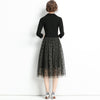 Autumn Winter Elegant Office Long Suit Women Notched Pleated Mesh Patchwork Moon Flocking Chic Lace Up Fake Two Piece Dress