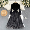 Autumn Winter Elegant Office Long Suit Women Notched Pleated Mesh Patchwork Moon Flocking Chic Lace Up Fake Two Piece Dress