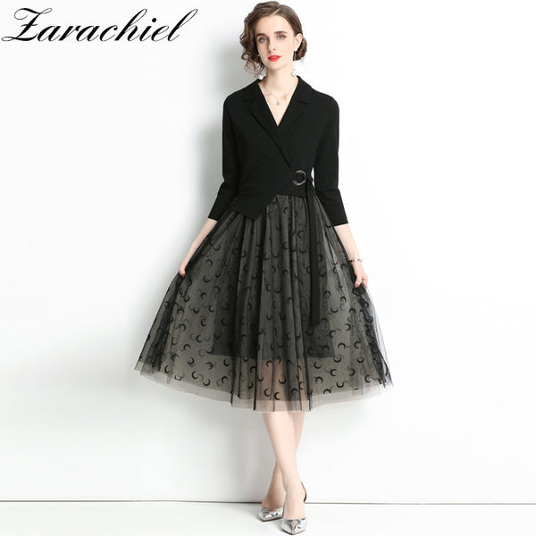 Autumn Winter Elegant Office Long Suit Women Notched Pleated Mesh Patchwork Moon Flocking Chic Lace Up Fake Two Piece Dress