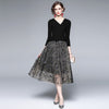 Autumn Winter Elegant Stretch V Neck Knitted Patchwork Butterfly Embroidered Dress Women Black One-Piece Office Mesh Vestidos