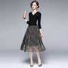Autumn Winter Elegant Stretch V Neck Knitted Patchwork Butterfly Embroidered Dress Women Black One-Piece Office Mesh Vestidos