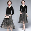 Autumn Winter Elegant Stretch V Neck Knitted Patchwork Butterfly Embroidered Dress Women Black One-Piece Office Mesh Vestidos