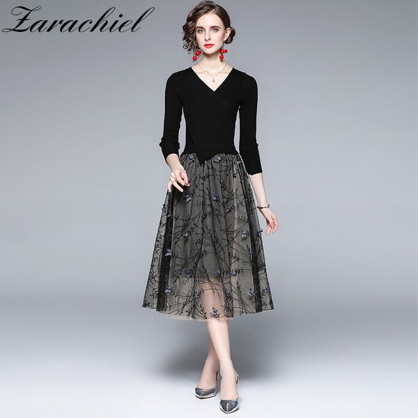 Autumn Winter Elegant Stretch V Neck Knitted Patchwork Butterfly Embroidered Dress Women Black One-Piece Office Mesh Vestidos