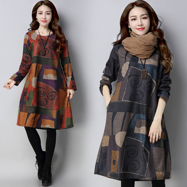 Autumn Winter Ethnic Woolen Long Sleeve O-Neck Women Dress Graffiti Patchwork Casual Loose Midi Dress Vestido Mujer