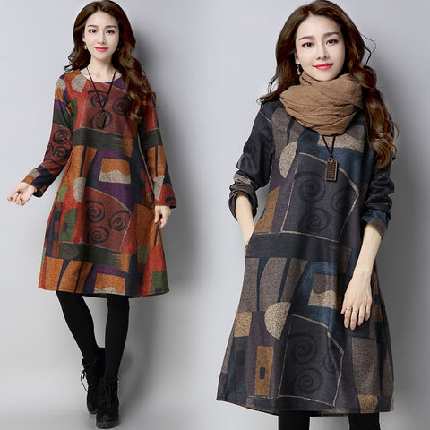 Autumn Winter Ethnic Woolen Long Sleeve O-Neck Women Dress Graffiti Patchwork Casual Loose Midi Dress Vestido Mujer