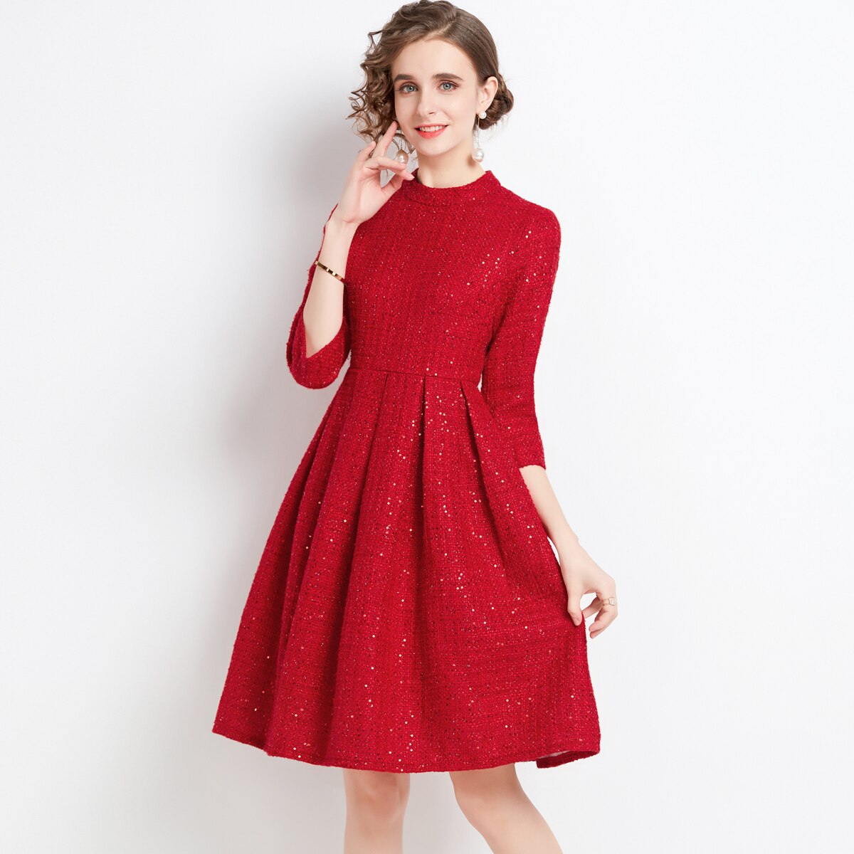 Autumn Winter Sequined Red Tweed Christmas Party Dress Runway Elegant | GraceQueens - Fashion Studio Autumn Winter Sequined Red Tweed Christmas Party Dress Runway Elegant | GraceQueens - Fashion Studio