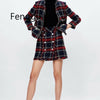 Autumn Winter  Tweed Skirt Suits Women Mini Skirt Elegant Office Lady Double Breasted Frayed Checked Plaid Blazer Casaco