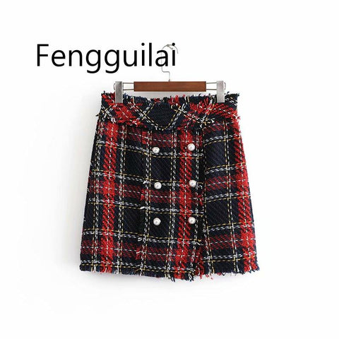 Autumn Winter  Tweed Skirt Suits Women Mini Skirt Elegant Office Lady Double Breasted Frayed Checked Plaid Blazer Casaco