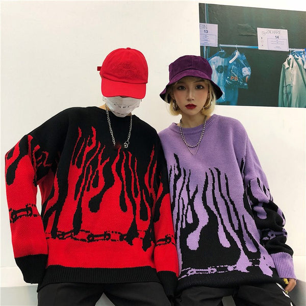 Autumn Winter Harajuku Flame Knitting Batwing Sleeve Sweater Casual Long Women Tide Printed Sweater Loose Boyfriend Pullovers