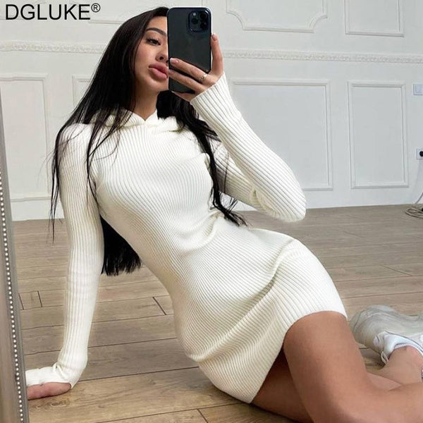 Autumn Winter Knitted Sweater Dress For Women 2022 White Black Long Sleeve Bodycon Mini Dress Casual Hooded Sweatshirt Dresses