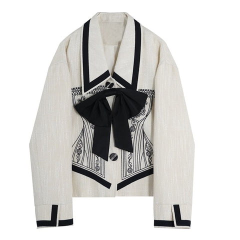 Autumn Winter Korea Patchwork Bow Vintage Stylish Women Elegant Blazer Long Sleeve Jacket Female Outerwear Chic Tops Ladies Coat