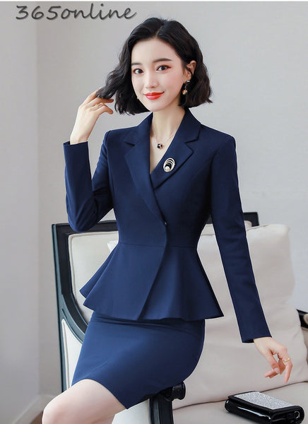 Autumn Winter Ladies Office Formal Women Business Suits with Skirt and Jackets Coat  Fabric Blazers Set OL Styles