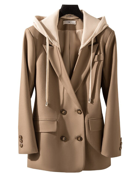 Autumn Winter Long Sleeve Double Breasted Blazer Ladies Coffee Black Female Women Button Decoration Formal Jacket Coat