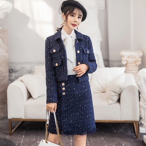 Autumn Winter Long Sleeve Jacket Coat Blazer Plaid Tweed Mini Skirt Suits Women 2 Pieces Sets Elegant Office Ladies Outerwear