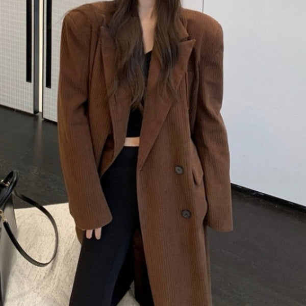 Autumn Winter Long Sleeve Suit Collar Wool Coat Black Thickened Corduroy Over the Knee Woolen Coat Women