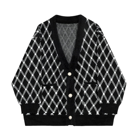 Autumn Winter Loose Plaid Vintage Hip Hop Cardigan Sweater Retro Shirt Check Long Sleeve Single Breasted Knit Ladies Pullovers