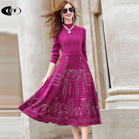Autumn Winter Midi Sweaters Dress Women Staight Knitted Elasticity Female Elegant Slim Vintage Floral Warm Lady Dresses Vestidos