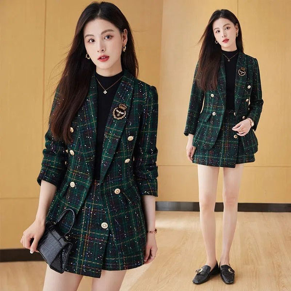 Autumn Winter Blazer Set Women's Korean Elegant Long Sleeve Plaid Suit Coat+Short Skirt Two Piece Female Clothing