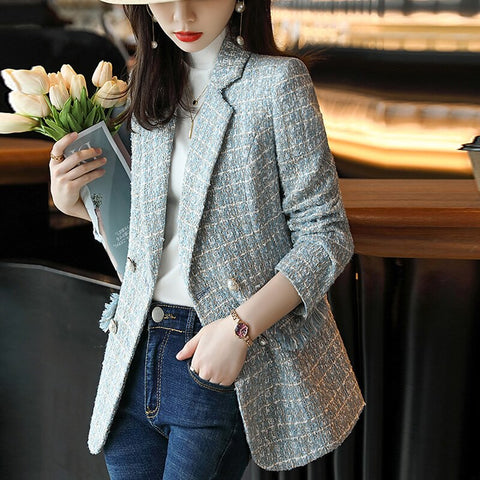 Autumn Winter Plaid Woolen Coat Retro Double-Breasted Pure Color Tweed Jacket Elegant Women's Blazers Jacket s1267