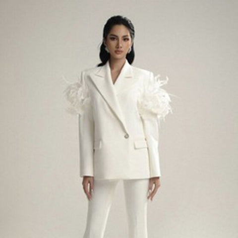 Autumn Winter Style Ostrich Feather Decoration Suit White Jacket Tassel Fur Suit Niche Profile Long Sleeve Blazer S3461
