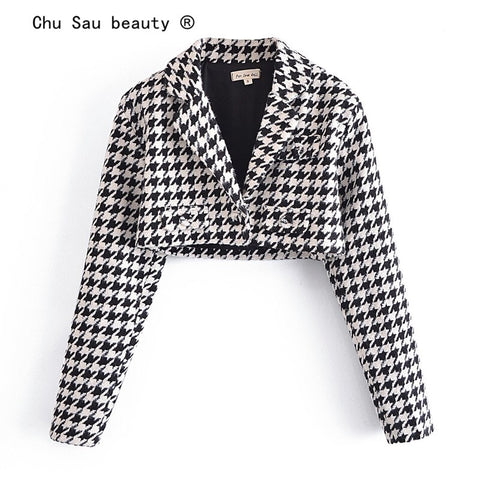 Autumn Winter Vintage Houndstooth Girl High Waist Bag Hip Mini Skirt + Lapel Short Blazer Woman Suit Office ladies