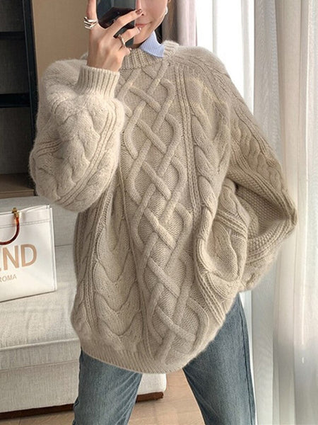 Autumn Winter Oversized Knitted Sweater Casual Twisted Women Pullover Vintage Loose Long Sleeve Knitwear Female O Neck Jumpers