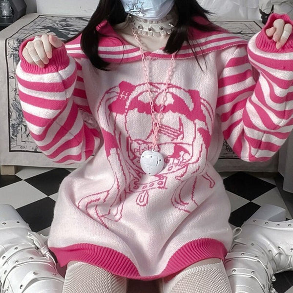 Autumn Winter Patchwork Striped Print Kawaii Sweaters Korean Style Loose Jumpers Thick Knitted Sailor Neck Y2K 90S Pullovers