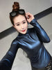 Autumn Winter Plus Size Pu Velvet Shirt Women Blouse Slim Sexy Turtleneck Long Sleeve Leather Tops Blouses Tee Blusas Femininas