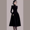 Autumn Winter Runway Black Velvet Dress Women Long Sleeve Turtleneck Party Dinner Slim High Waist Casual Midi Vestidos Elbise