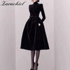 Autumn Winter Runway Black Velvet Dress Women Long Sleeve Turtleneck Party Dinner Slim High Waist Casual Midi Vestidos Elbise