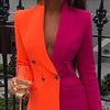 Autumn Winter Sequins Double Breasted Placket Blazer Lapel Long Sleeve Pockets Mid-Length Blazer Contrast Color Stitching Coat