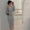 Autumn Winter Thick Slim V-neck Twist Split Solid Long Sleeve Halter Knitted Dress Wrap Hip Korean Wild Vestido Mujer