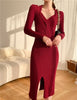 Autumn Winter Thick Slim V-neck Twist Split Solid Long Sleeve Halter Knitted Dress Wrap Hip Korean Wild Vestido Mujer