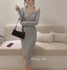 Autumn Winter Thick Slim V-neck Twist Split Solid Long Sleeve Halter Knitted Dress Wrap Hip Korean Wild Vestido Mujer