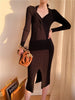 Autumn Winter Thick Slim V-neck Twist Split Solid Long Sleeve Halter Knitted Dress Wrap Hip Korean Wild Vestido Mujer