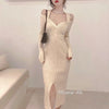 Autumn Winter Thick Slim V-neck Twist Split Solid Long Sleeve Halter Knitted Dress Wrap Hip Korean Wild Vestido Mujer